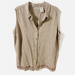 White Stag Linen Blend Button Sleeveless Blouse Vest Pointed Collar Embroidered